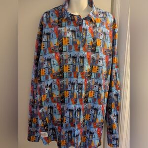 A Fish Named Fred men's long-sleeve casual shirt with a jazz festival print. Xxl